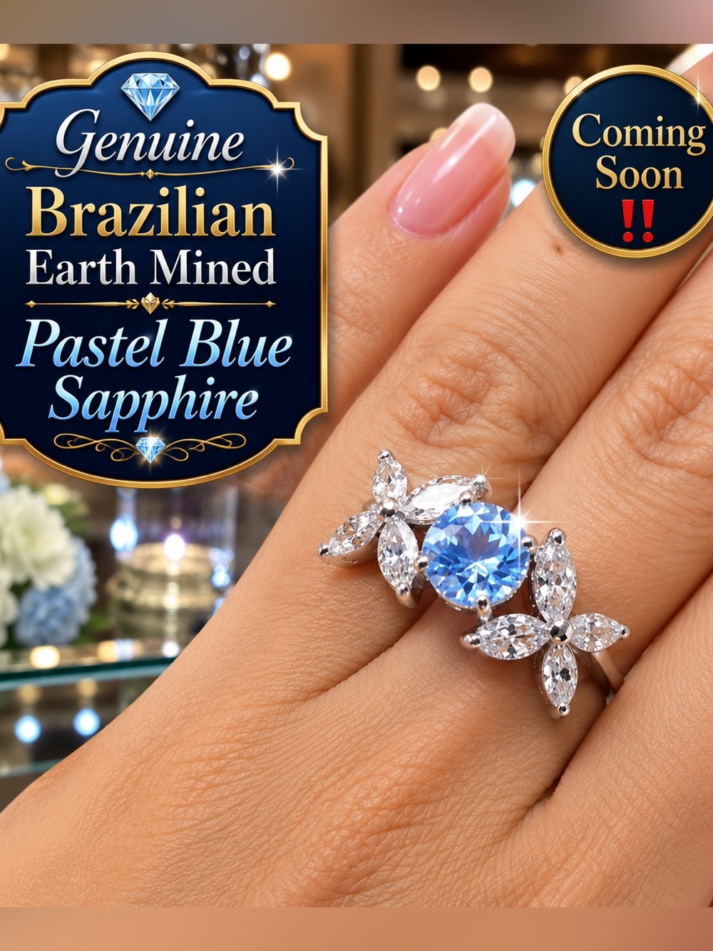 Pastel Blue Sapphire White Sapphire floral design Ring 14k Electroplated on 925